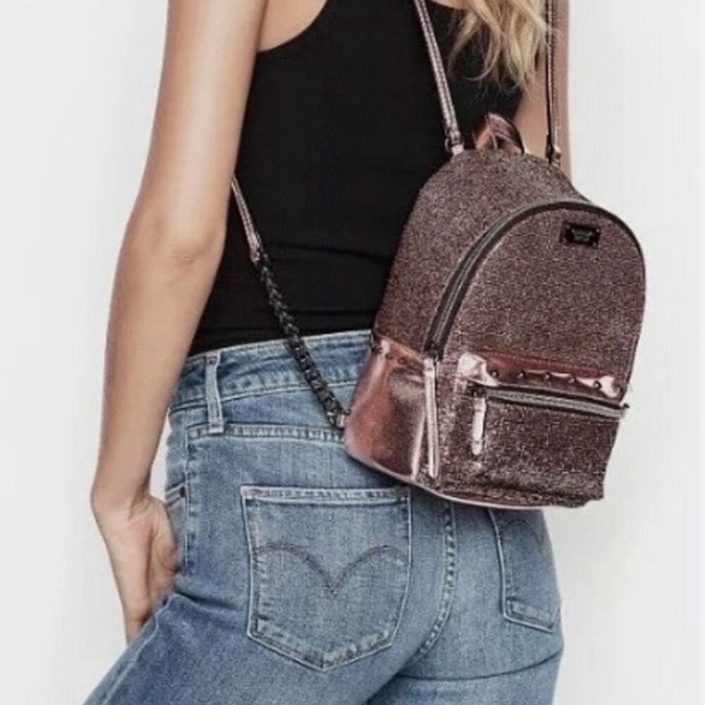 Victoria's Secret Metallic Bling Chain Mini Backpack Sexy Rose Gold Stud Bag